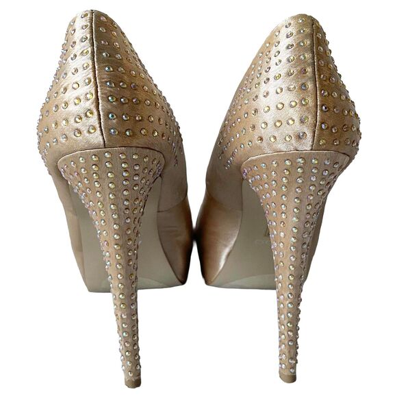 Aldo Gold Satin Rhinestone Peep Toe Platform Pumps Heels - Women's Size 8 - Picture 6 of 9